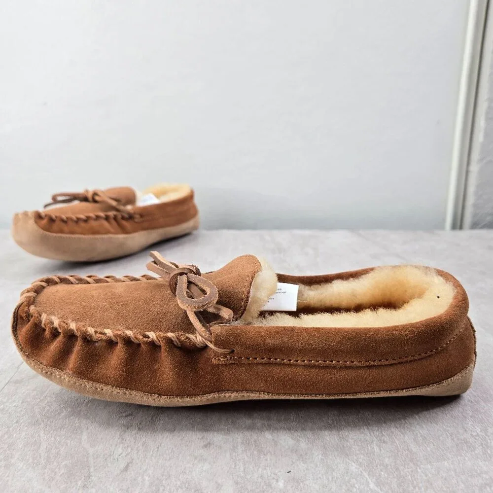 LL Bean Moccasin Loafers Kids 3 Brown Suede Fur Lined Slip On Southwestern  Shoe